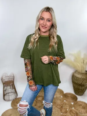 Oversized Olive Green Tee with Layered Sheer Embroidered Floral Lace Mesh Sleeves