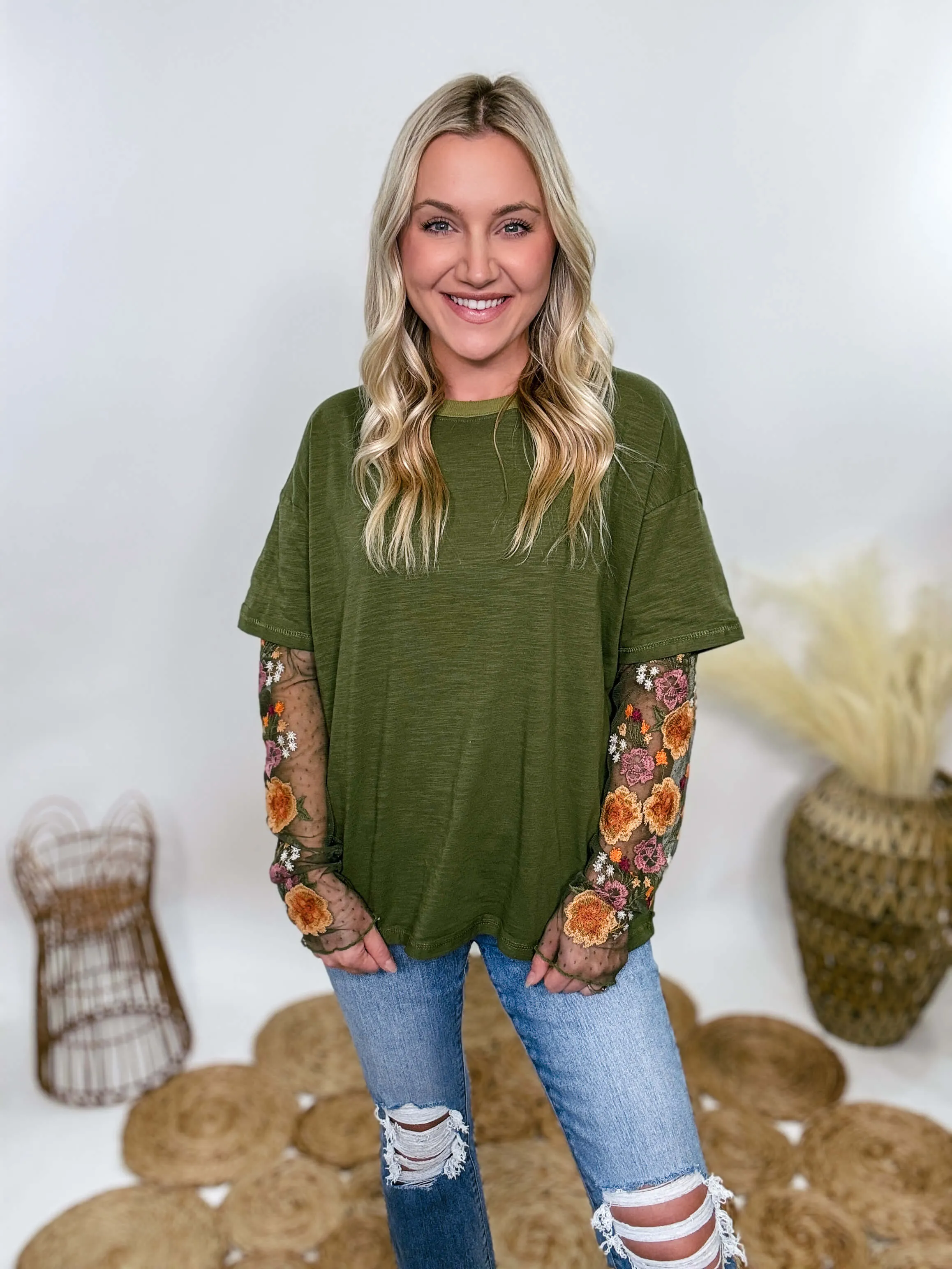 Oversized Olive Green Tee with Layered Sheer Embroidered Floral Lace Mesh Sleeves