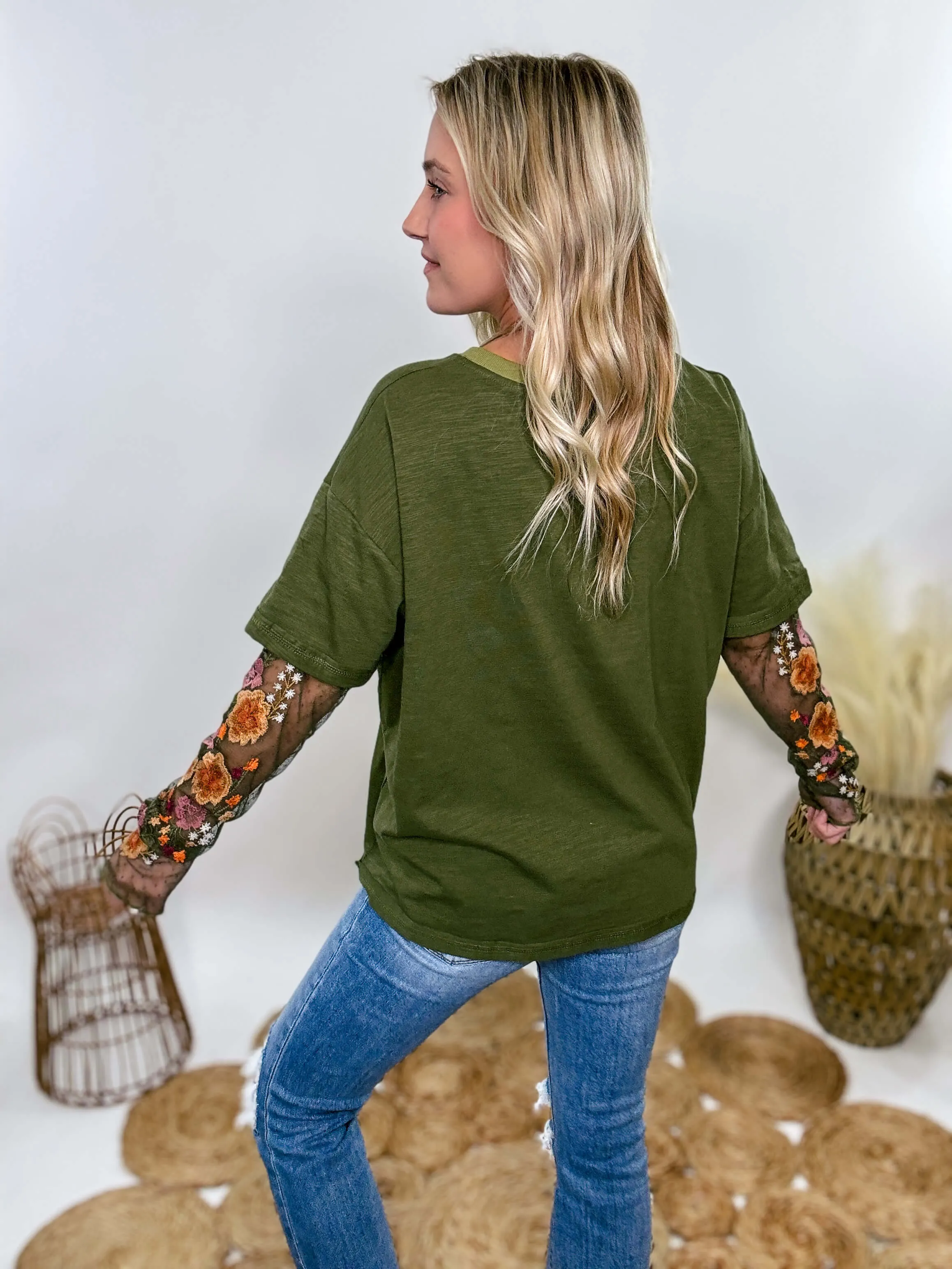 Oversized Olive Green Tee with Layered Sheer Embroidered Floral Lace Mesh Sleeves