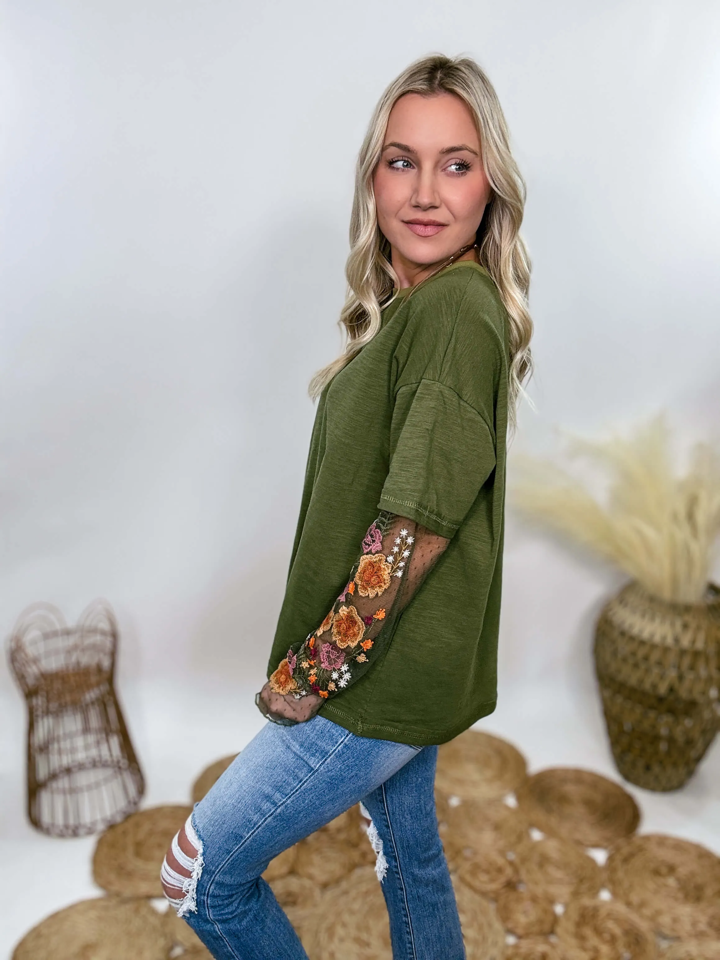 Oversized Olive Green Tee with Layered Sheer Embroidered Floral Lace Mesh Sleeves