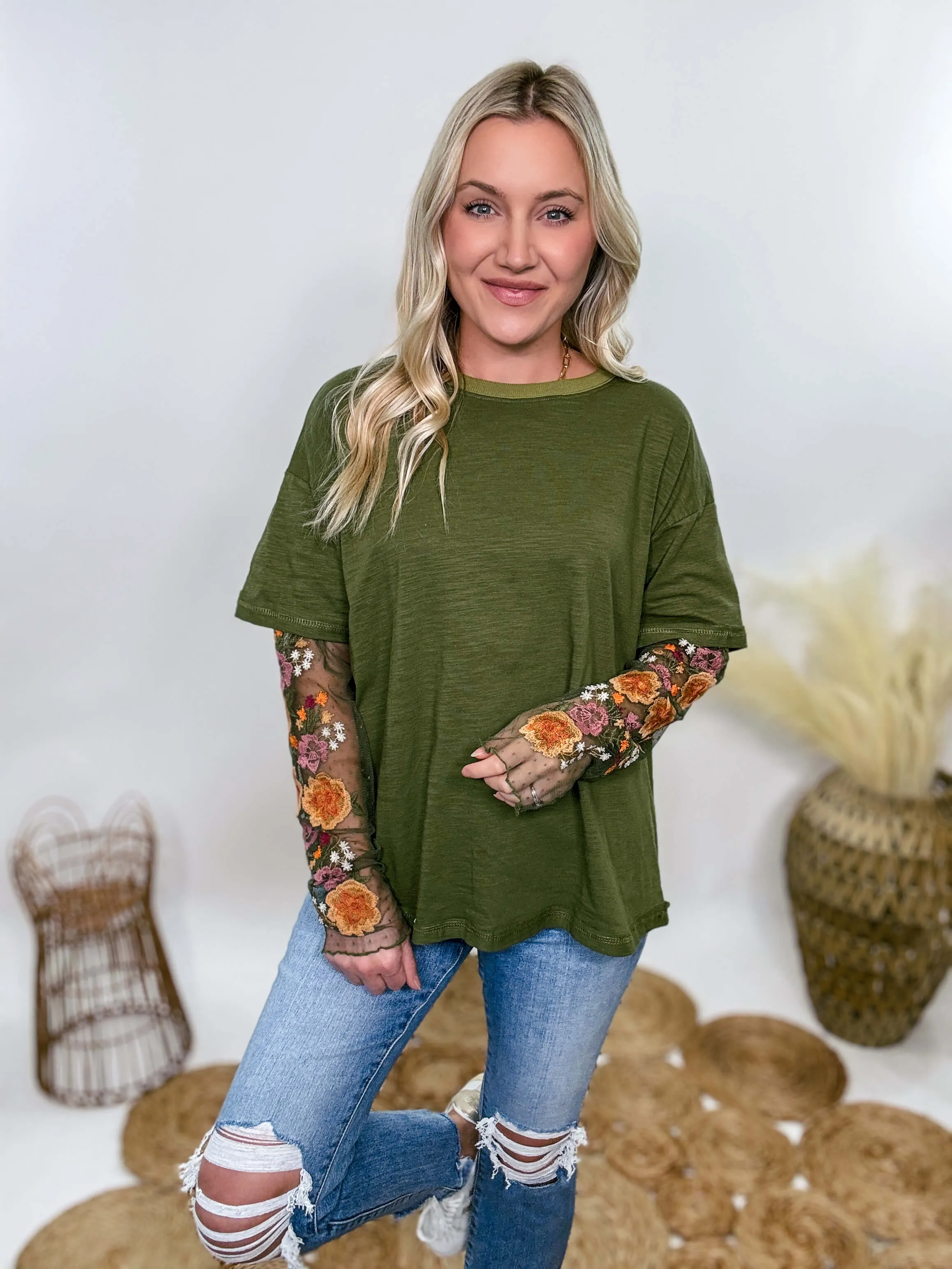 Oversized Olive Green Tee with Layered Sheer Embroidered Floral Lace Mesh Sleeves