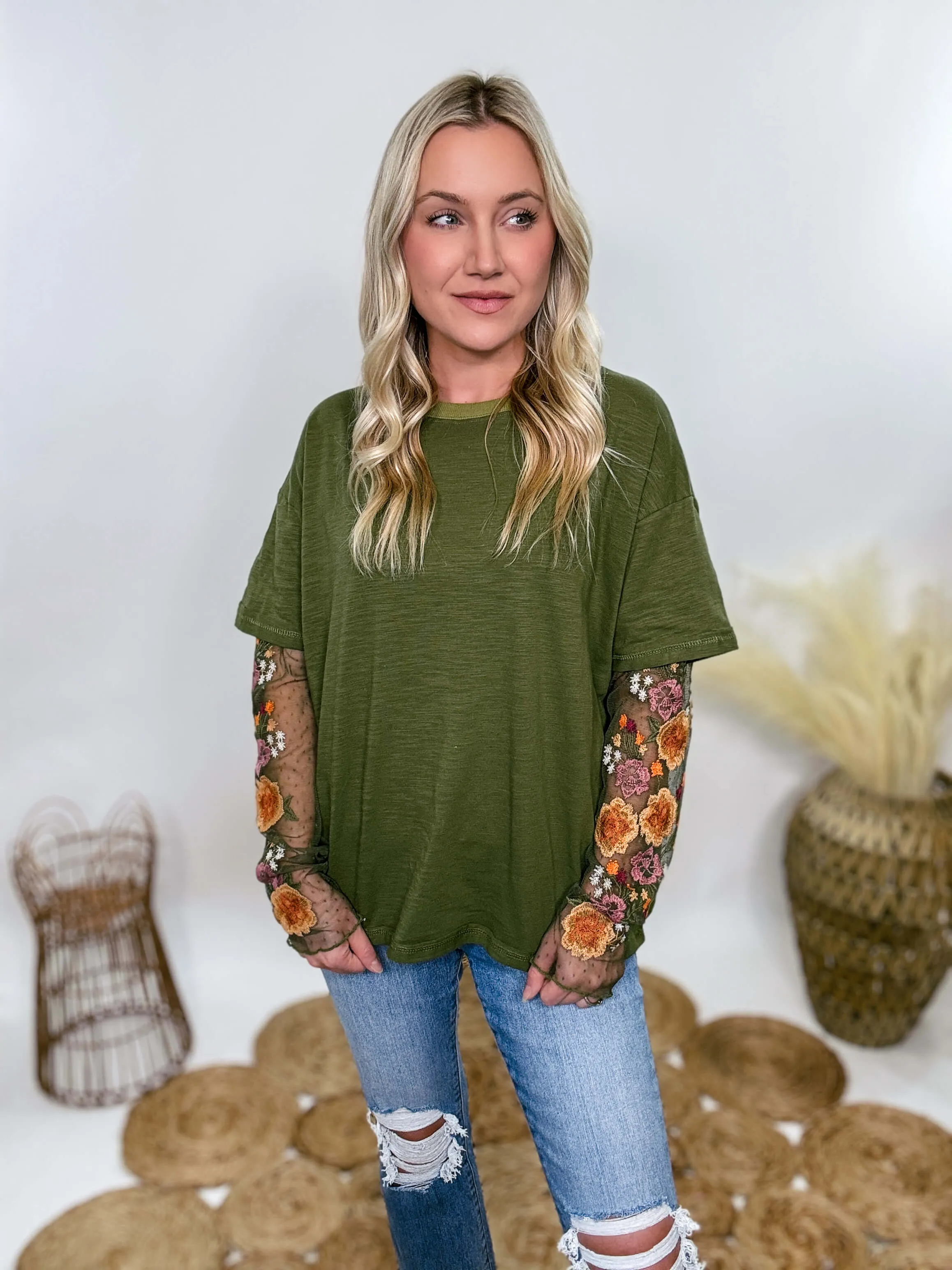 Oversized Olive Green Tee with Layered Sheer Embroidered Floral Lace Mesh Sleeves