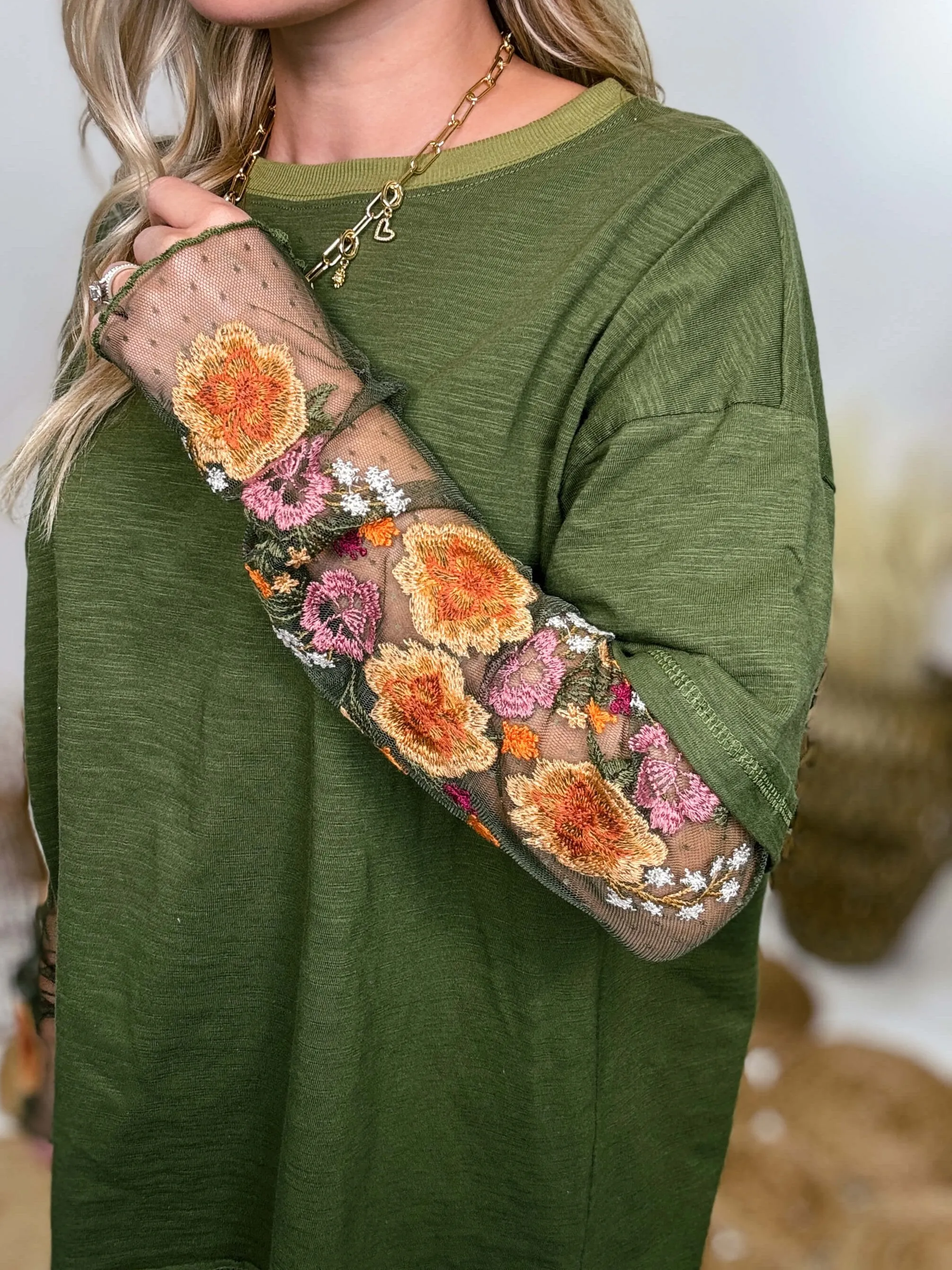 Oversized Olive Green Tee with Layered Sheer Embroidered Floral Lace Mesh Sleeves