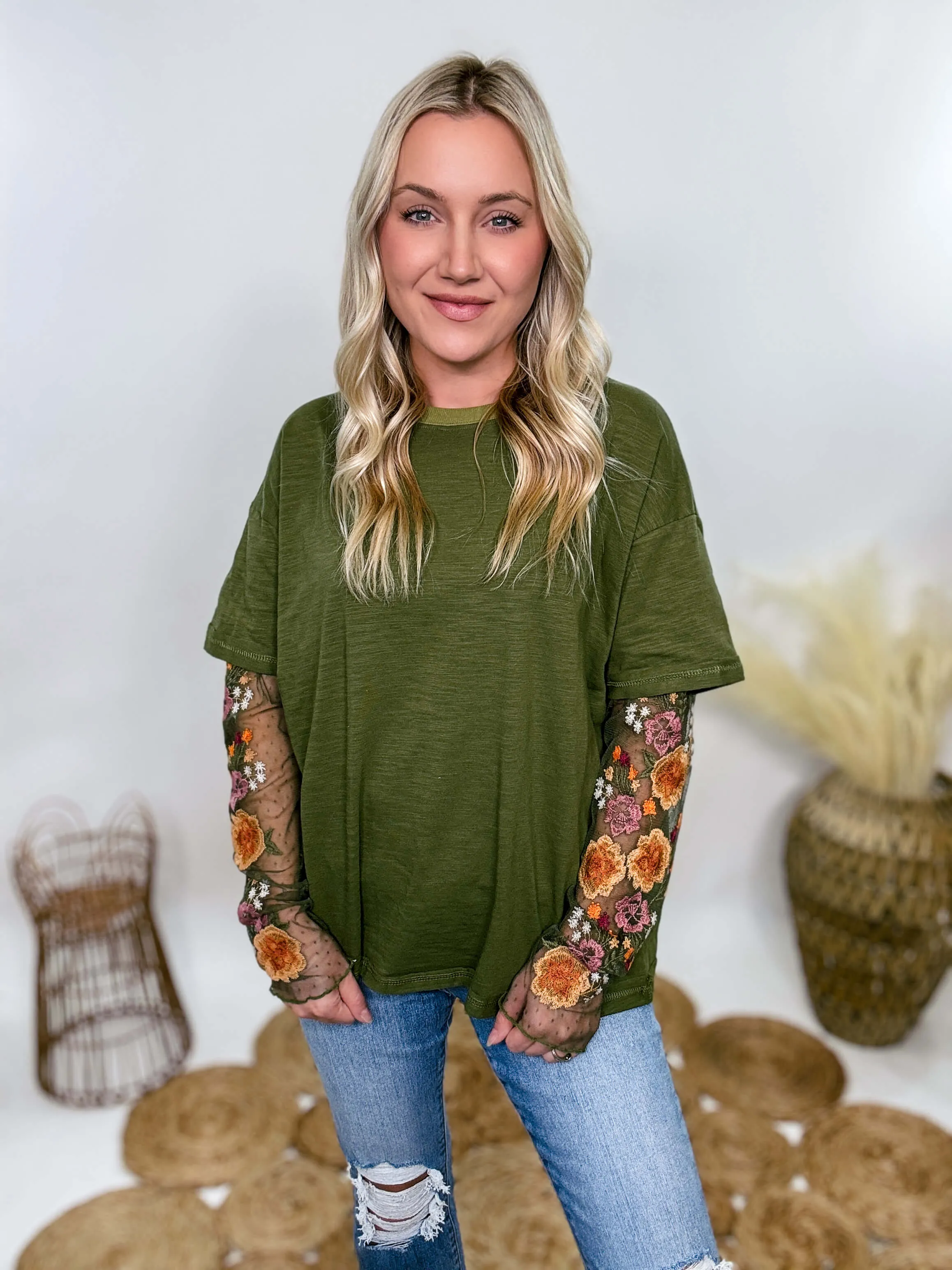 Oversized Olive Green Tee with Layered Sheer Embroidered Floral Lace Mesh Sleeves