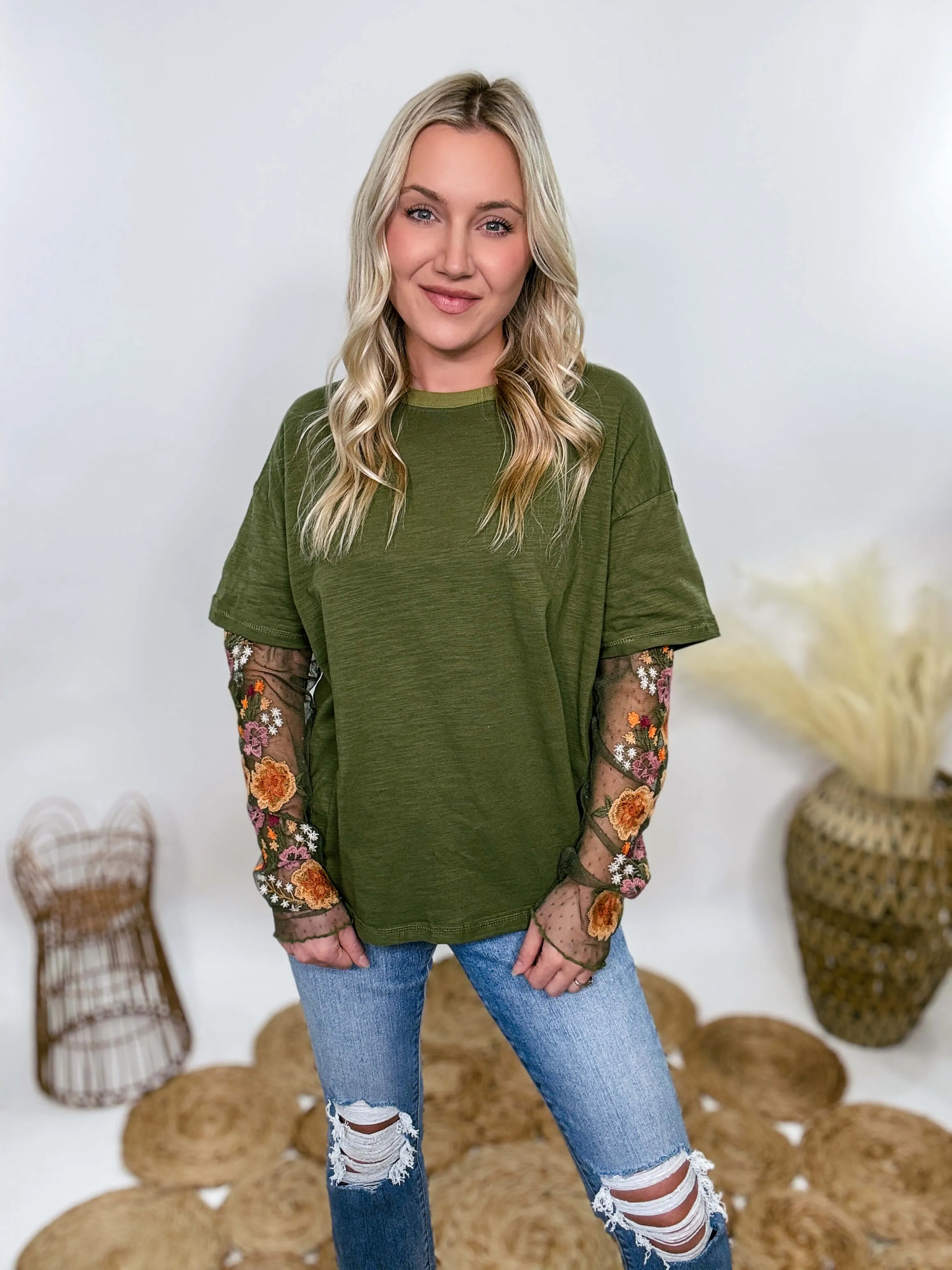 Oversized Olive Green Tee with Layered Sheer Embroidered Floral Lace Mesh Sleeves