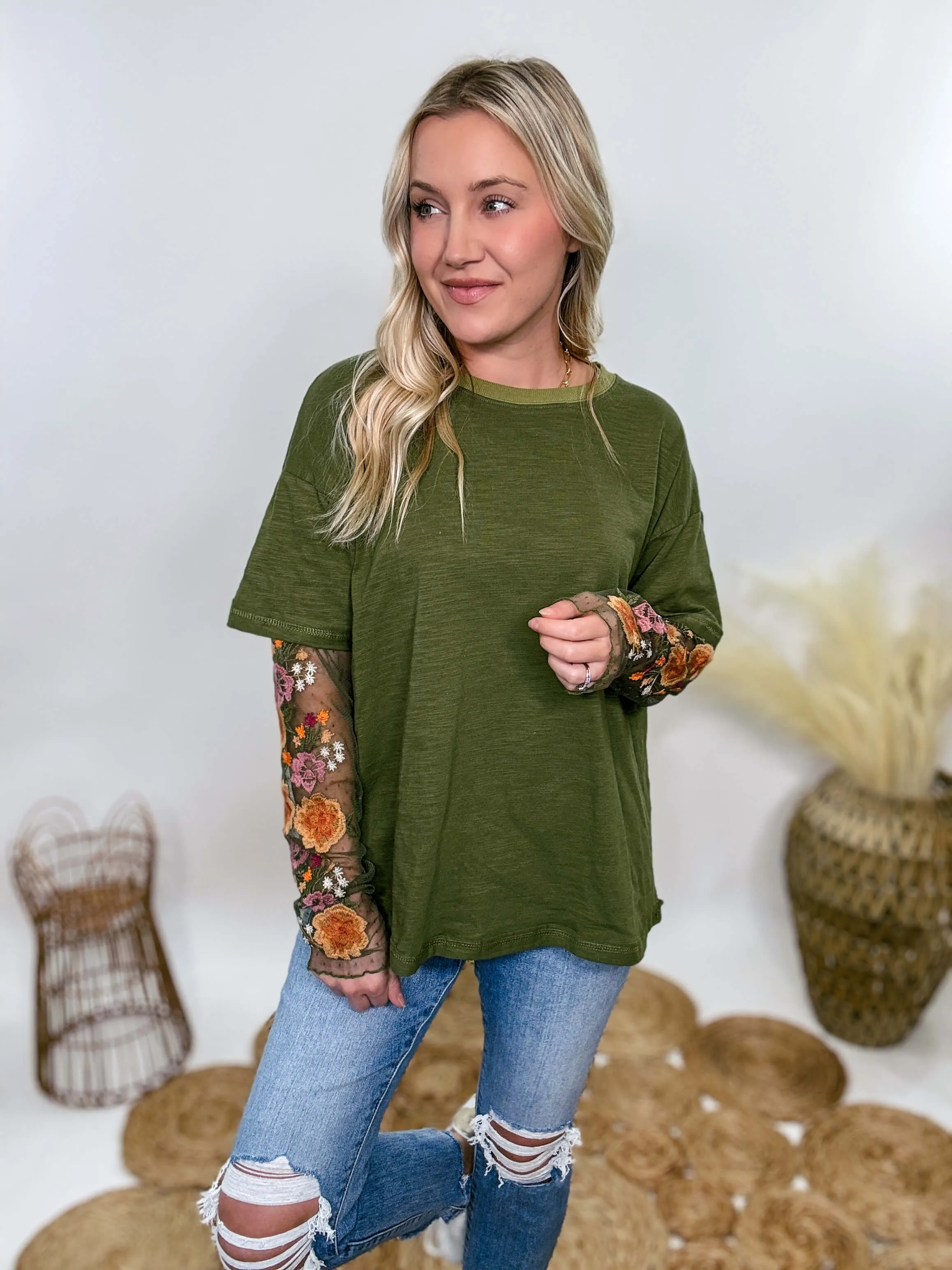 Oversized Olive Green Tee with Layered Sheer Embroidered Floral Lace Mesh Sleeves