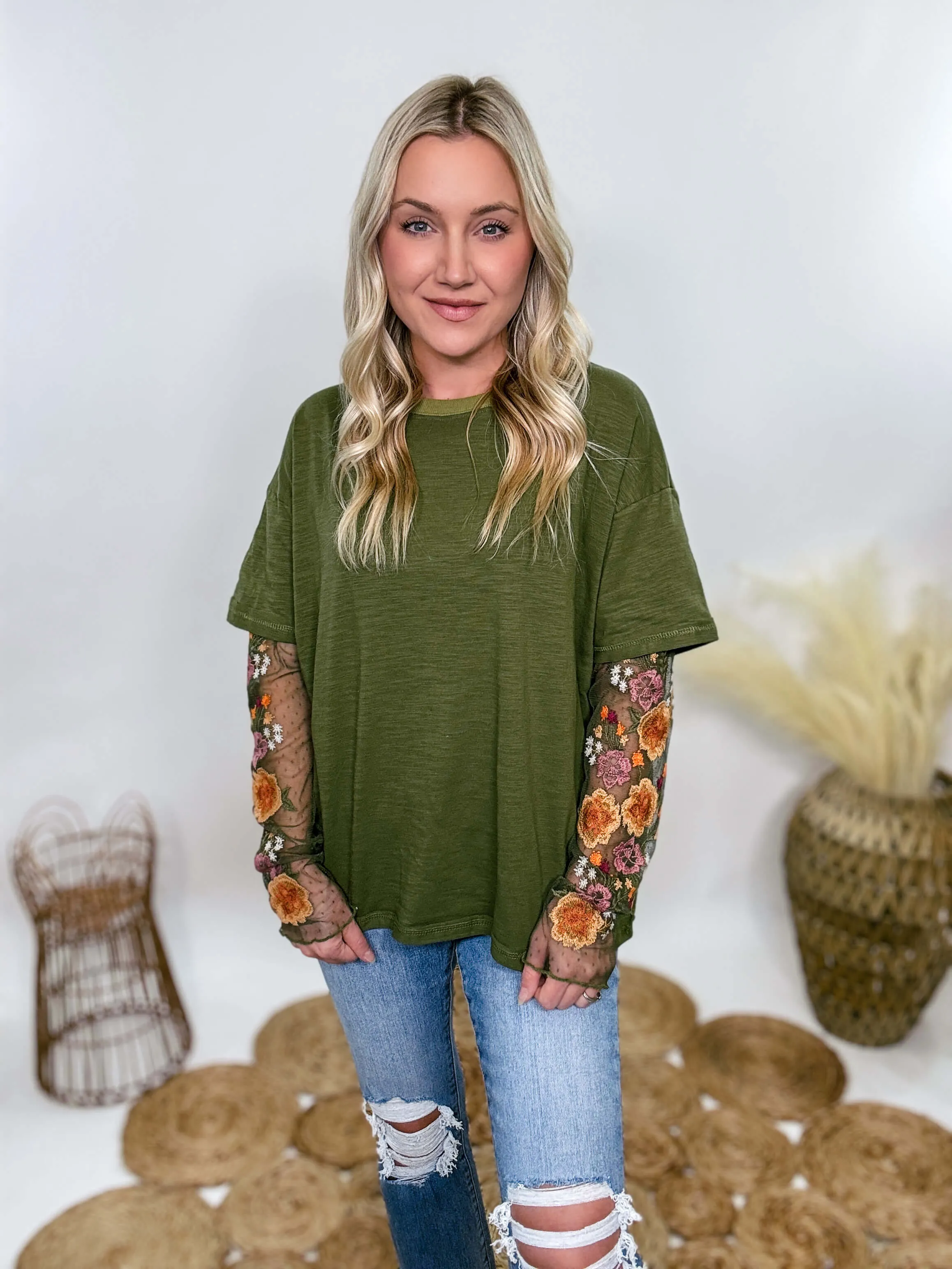 Oversized Olive Green Tee with Layered Sheer Embroidered Floral Lace Mesh Sleeves