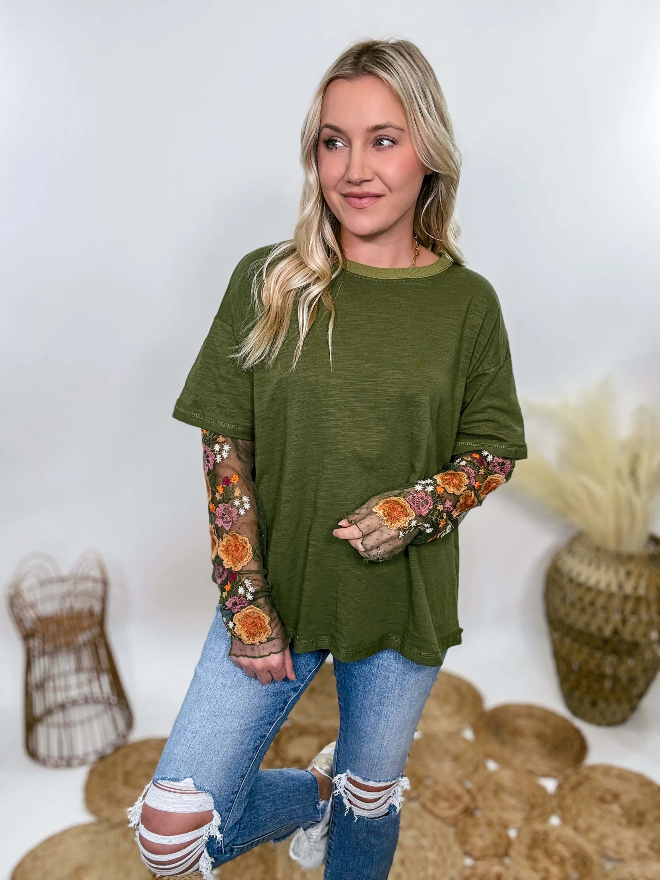 Oversized Olive Green Tee with Layered Sheer Embroidered Floral Lace Mesh Sleeves