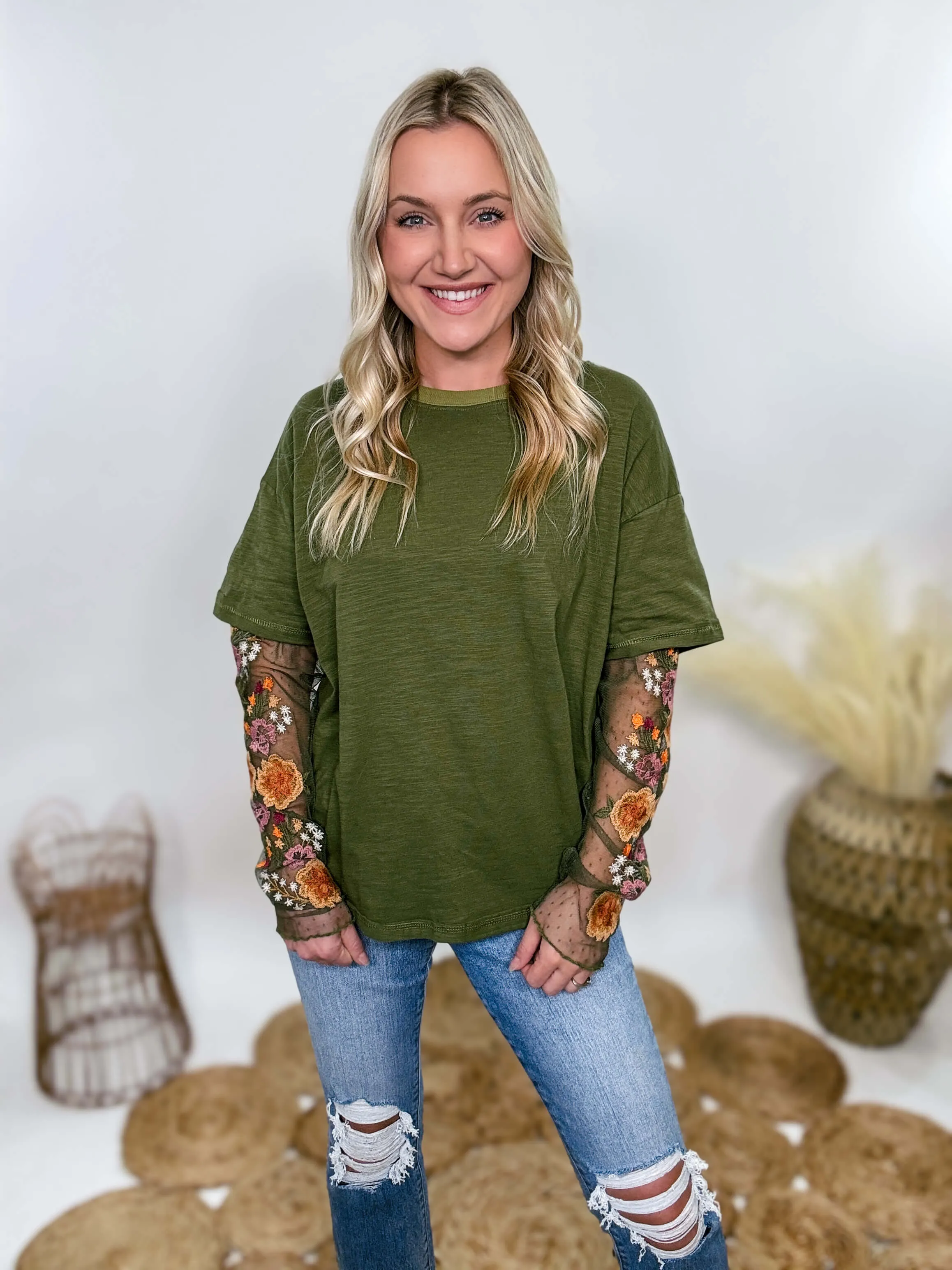 Oversized Olive Green Tee with Layered Sheer Embroidered Floral Lace Mesh Sleeves