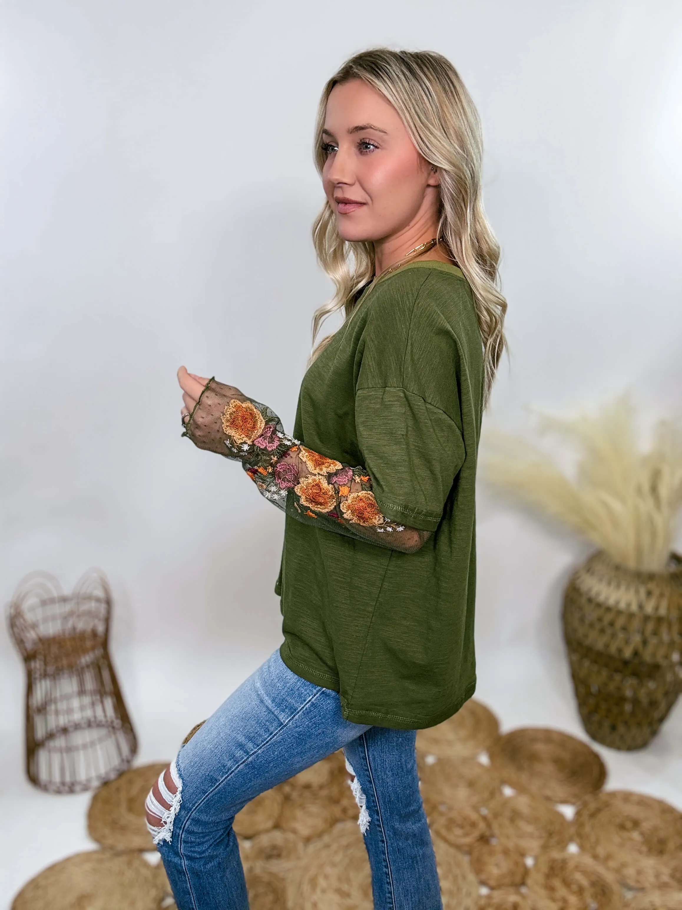 Oversized Olive Green Tee with Layered Sheer Embroidered Floral Lace Mesh Sleeves