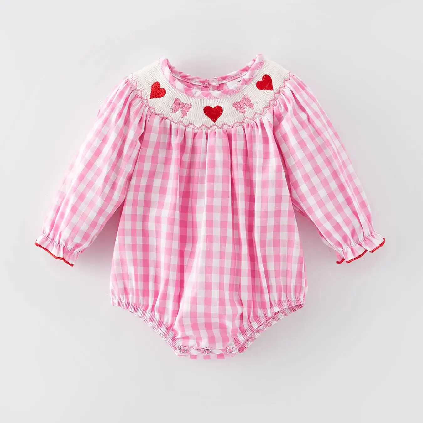 Pink Heart Gingham Smocking Bubble