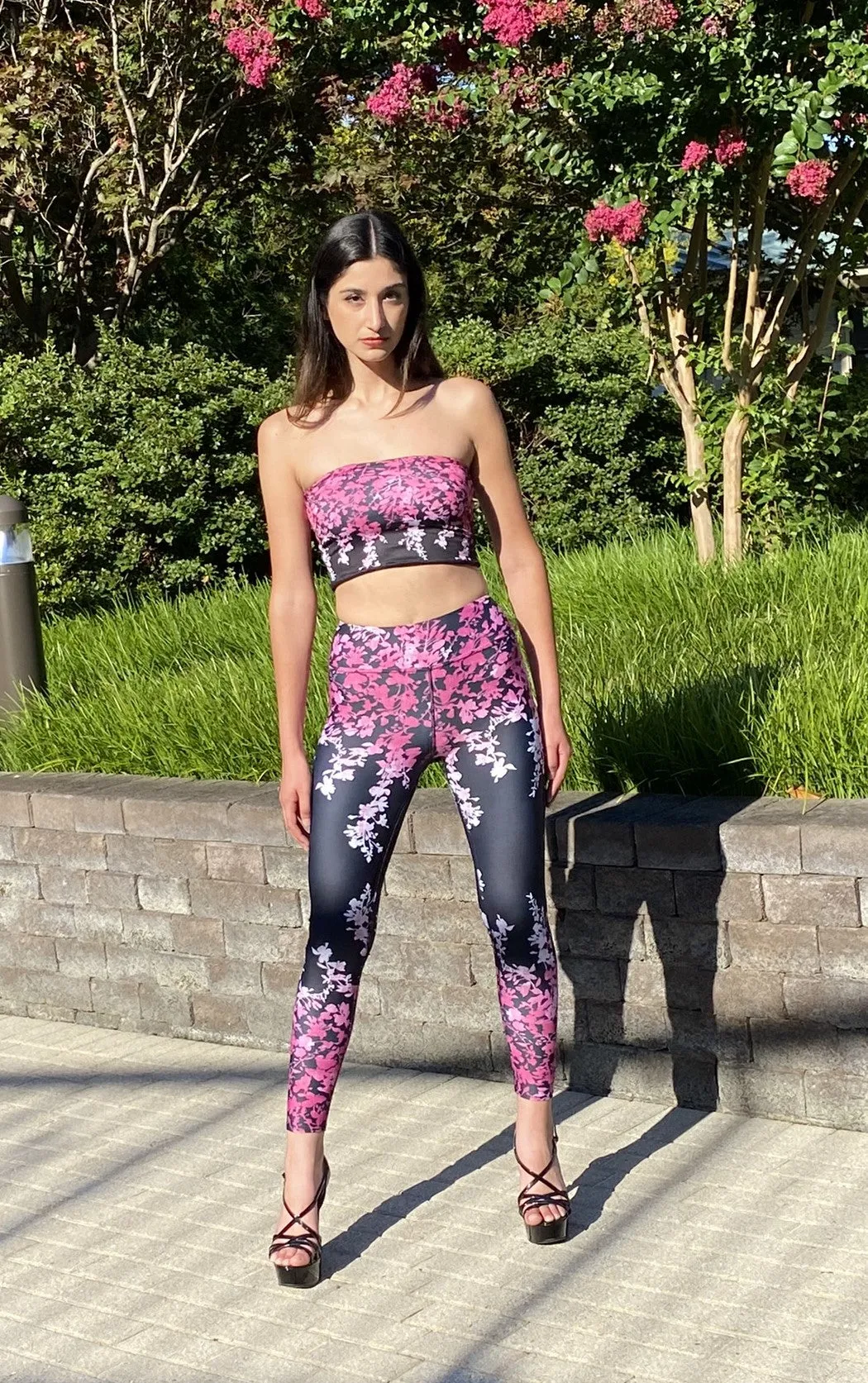 Pink Ombre' Leaves Leggings Bandeau Top Athleisurewear Set