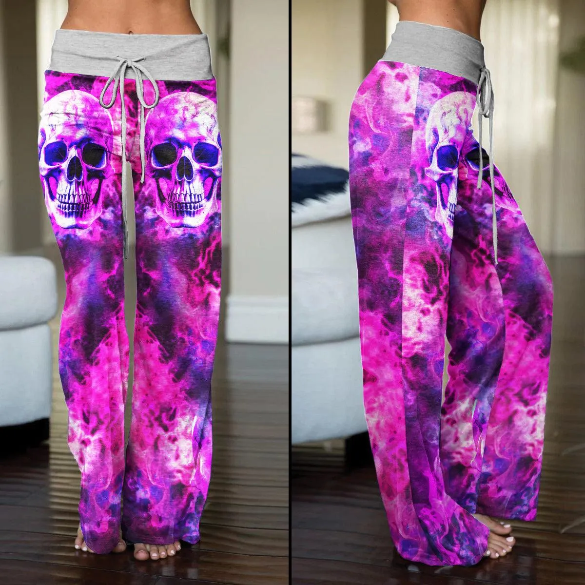 Pink Smoke Skull High-waisted Wide Leg Pants