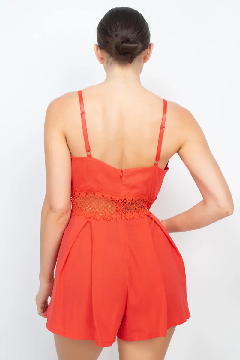 Pleated Lace-trim Romper