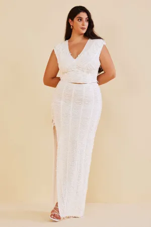 Plus Size Distressed V-Neck Cap Sleeve Crop Top and Slit Maxi Skirt Set – White