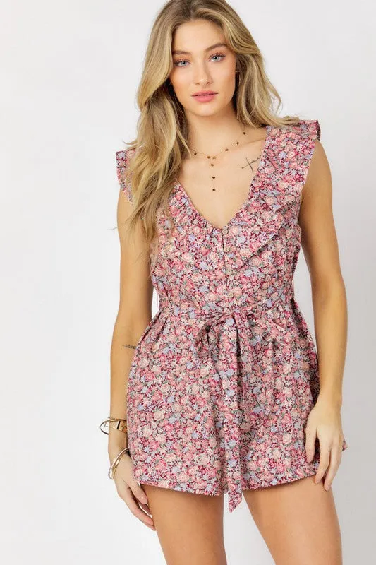 Printed Button Down V-Neck Mini Romper