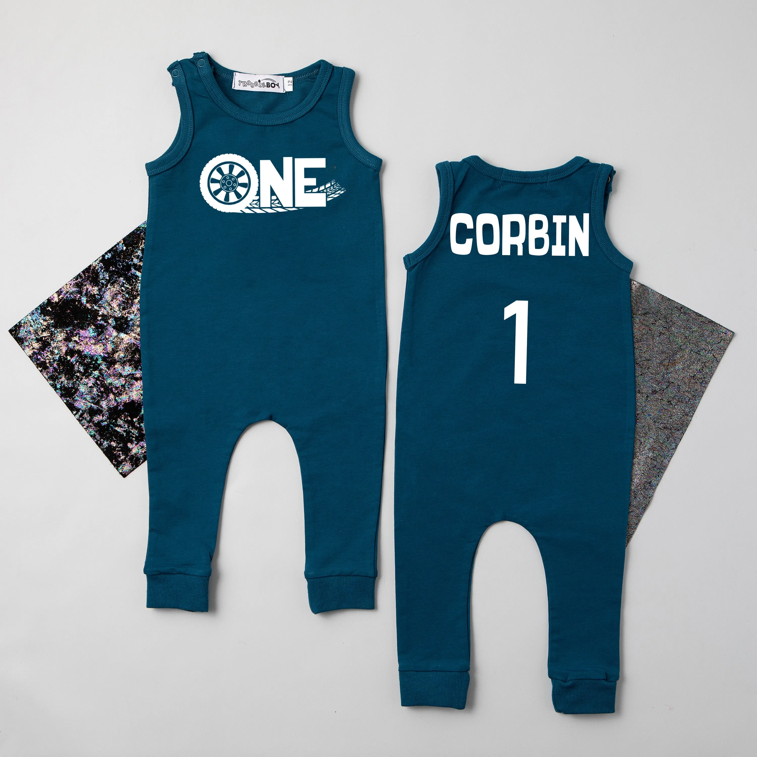 "ONE Tire Tracks" Racecar Theme Slim Fit Sleeveless Romper