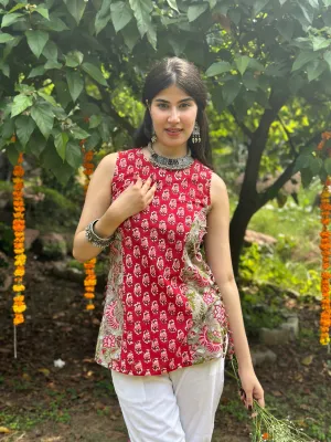 Red Khaki Halter Short Kurti