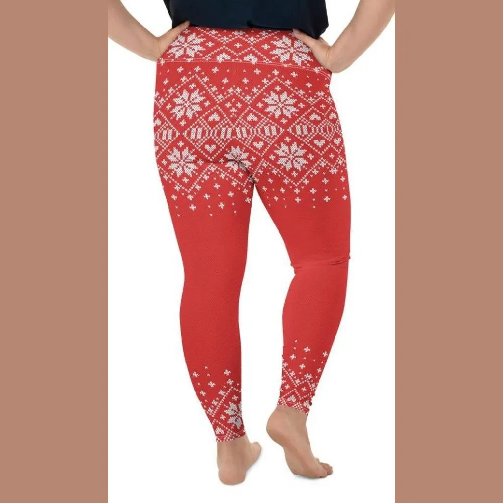 Red Knitted Print Christmas Plus Size Leggings