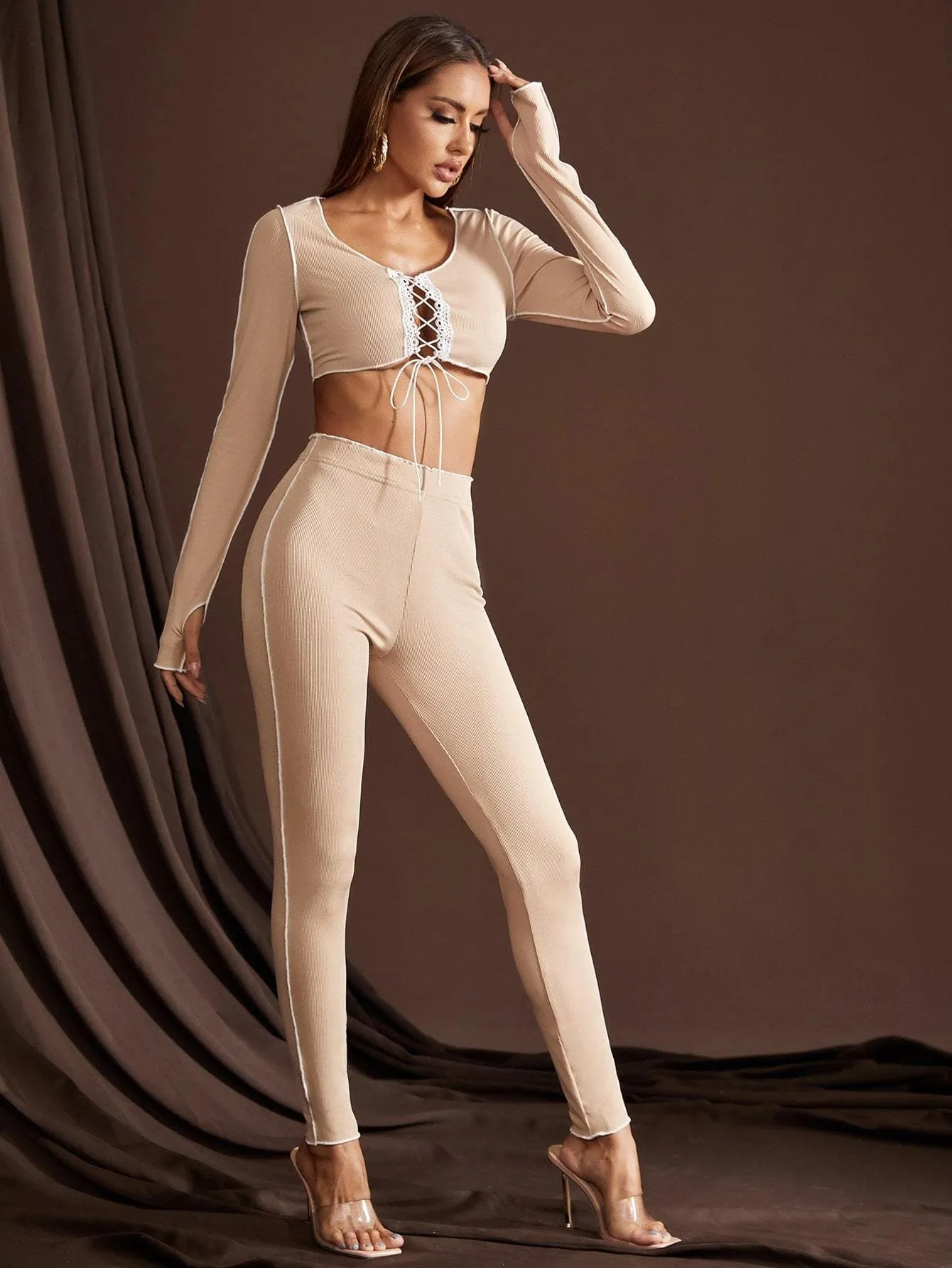 Round Neck Lace Up Front Topstitching Crop Top and Leggings