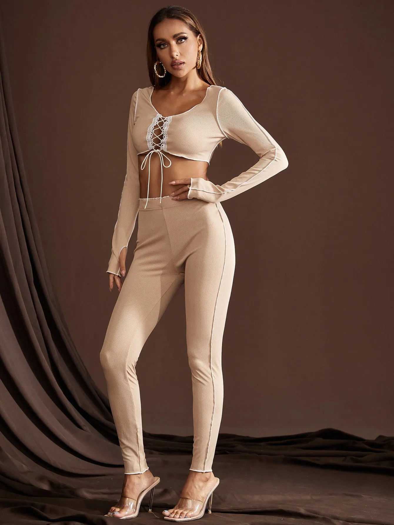 Round Neck Lace Up Front Topstitching Crop Top and Leggings