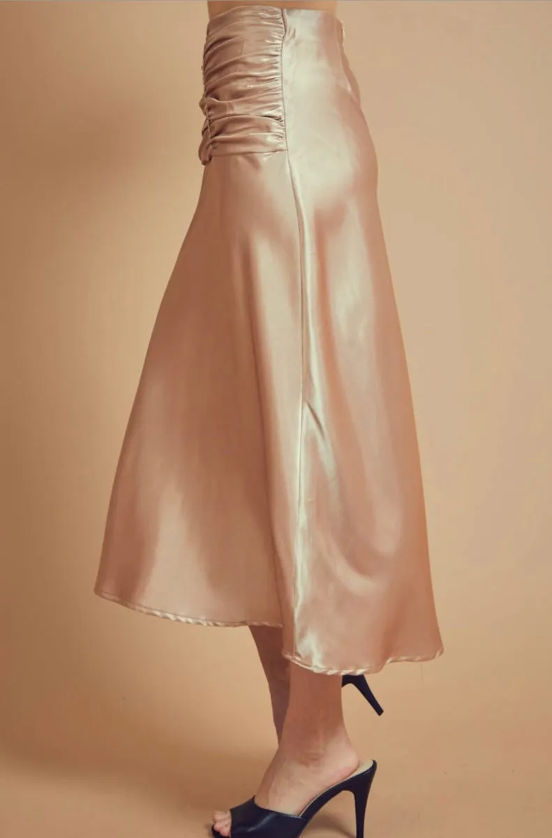 Satin Ruched Midi Skirt