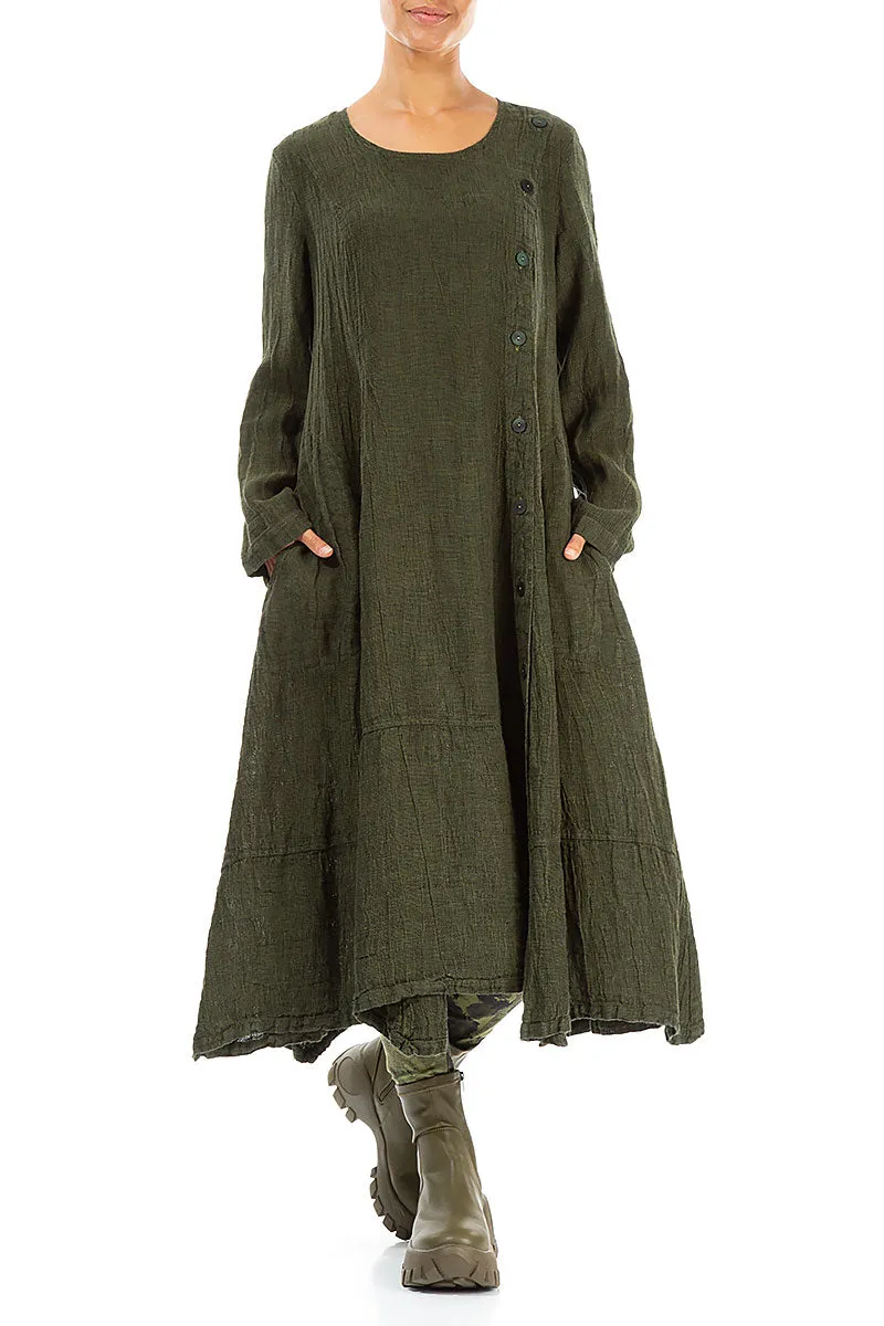 Side Buttons Olive Mélange Linen Dress