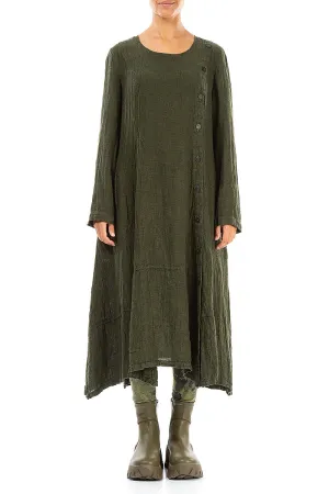 Side Buttons Olive Mélange Linen Dress