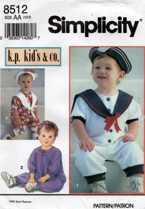 Simplicity 8512 Toddlers Stretch Sailor Suit Rompers with Hat & Headband 1990s Vintage Sewing Pattern Size 6 m - 2 UNCUT Factory Folded