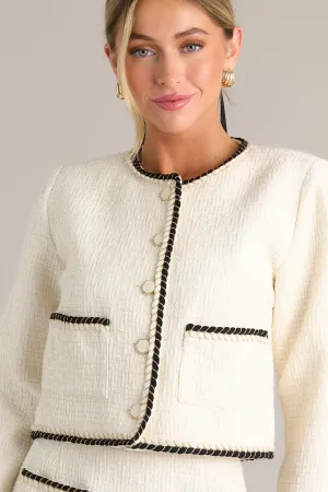 Sleek Simplicity Ivory Button Front Tweed Jacket