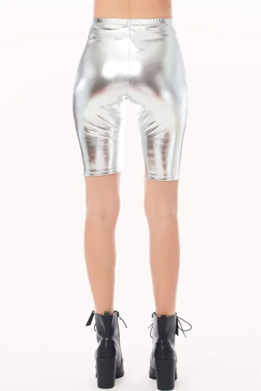 Solid Faux Leather Metallic Biker Shorts