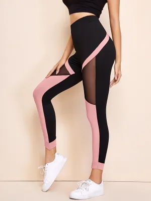 Sporty Colorblock Sheer Cropped Women Leggings