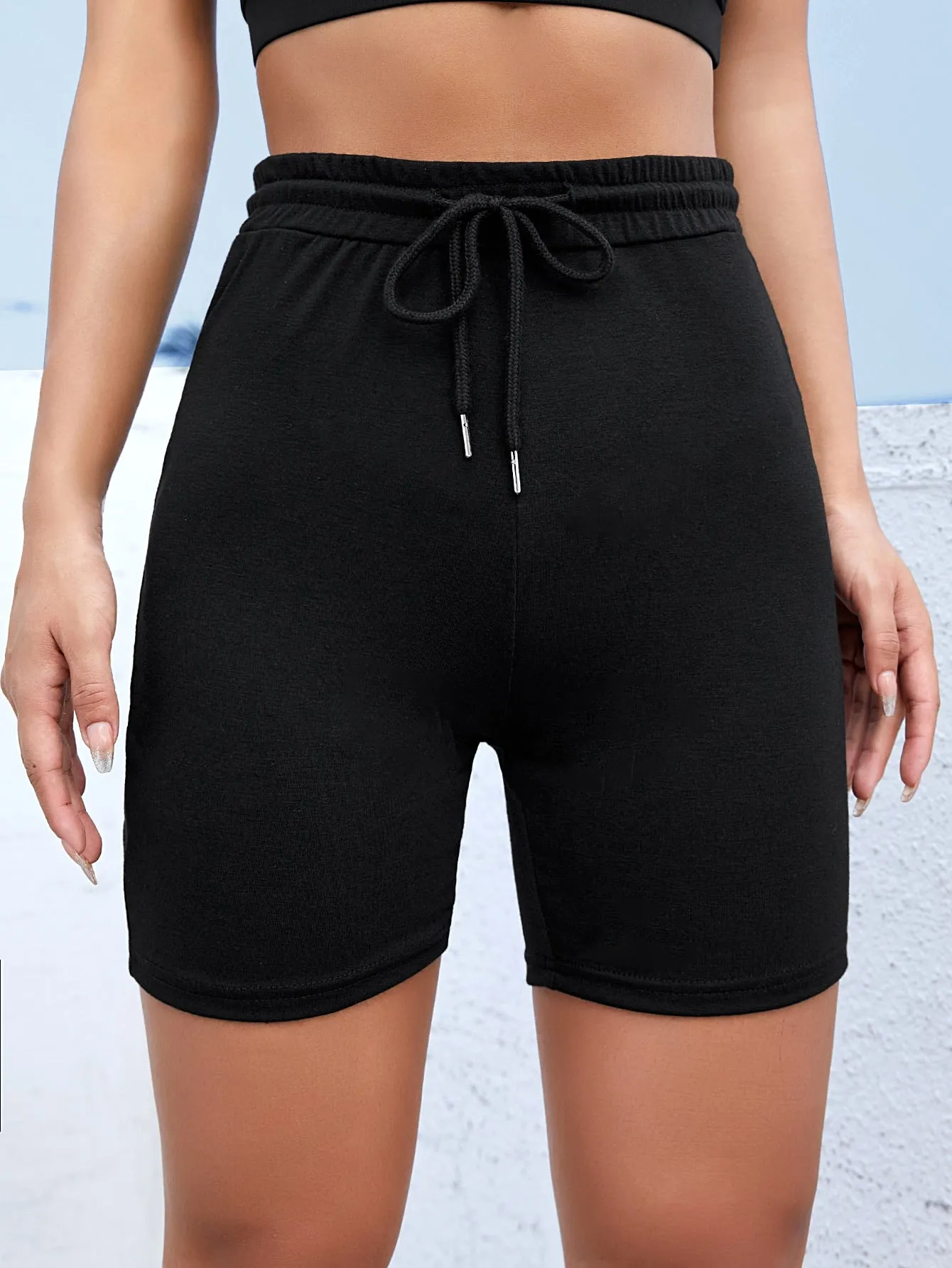 Sporty Plain Drawstring Short Women Leggings