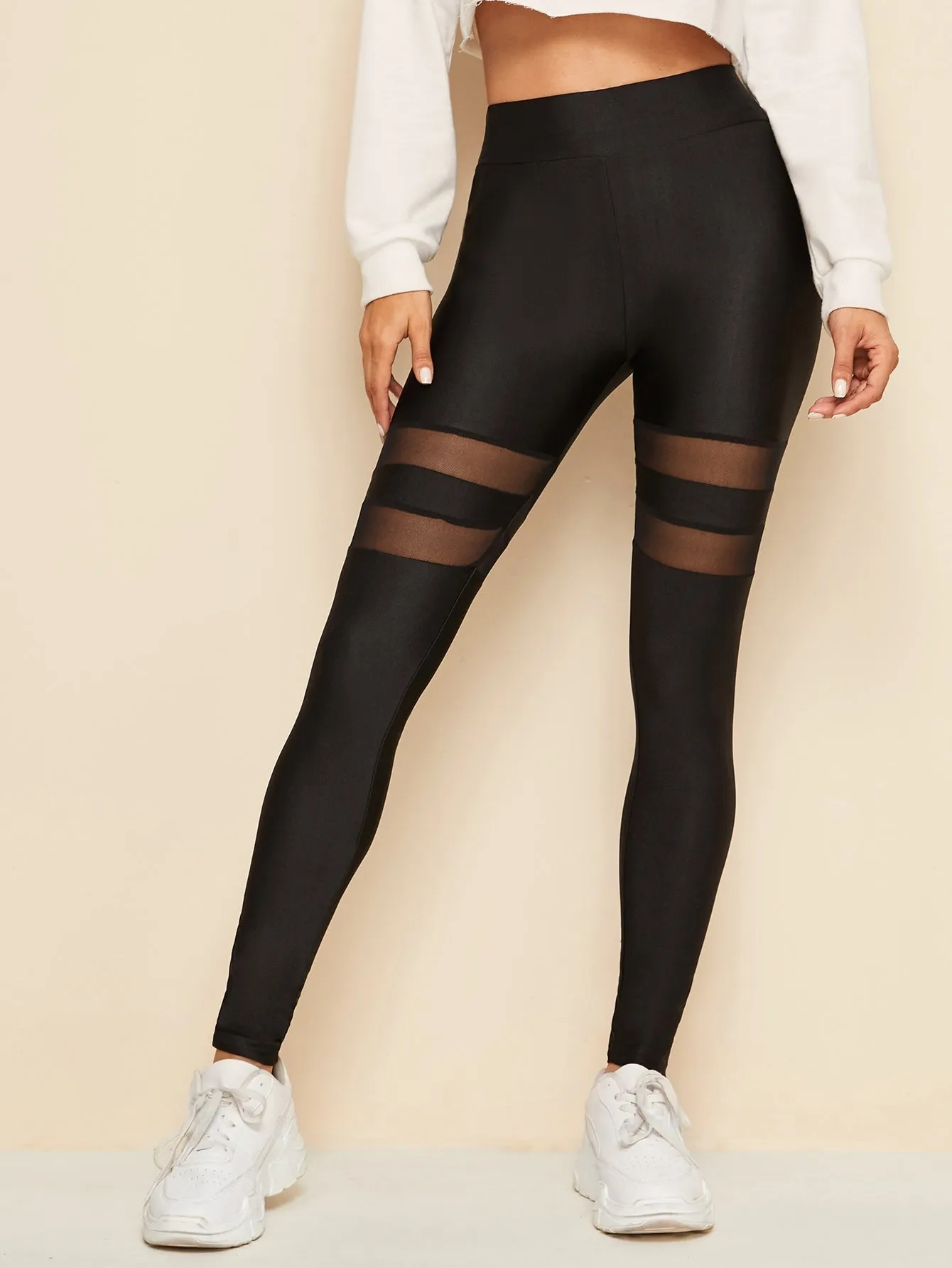 Sporty Plain Sheer Cropped Women Leggings