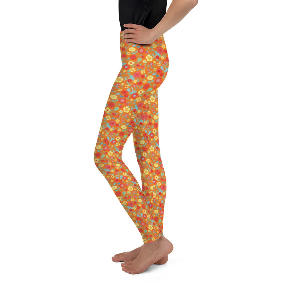 Spring floral on Orange Youth Leggings,Girls and Boys Matching Family Outfits