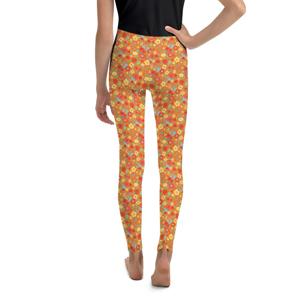 Spring floral on Orange Youth Leggings,Girls and Boys Matching Family Outfits