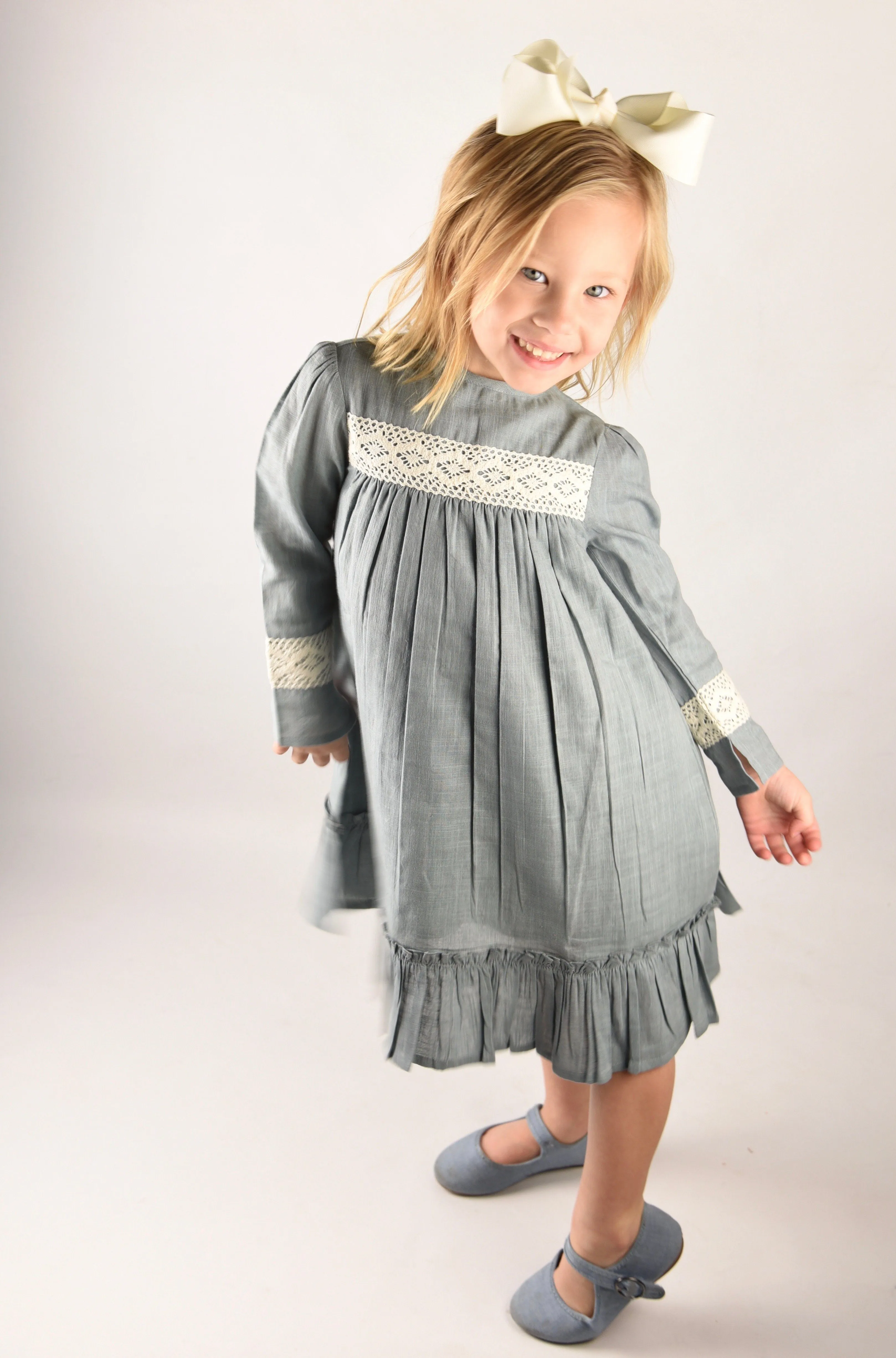 Steel Grey Lace Detail Full Sleeves Dress