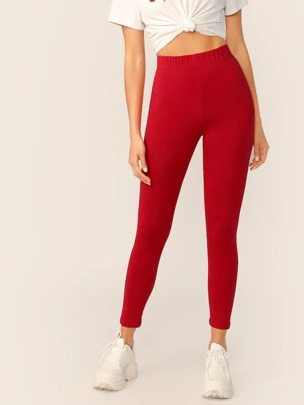 Stretch Elastic Waist Solid Leggings