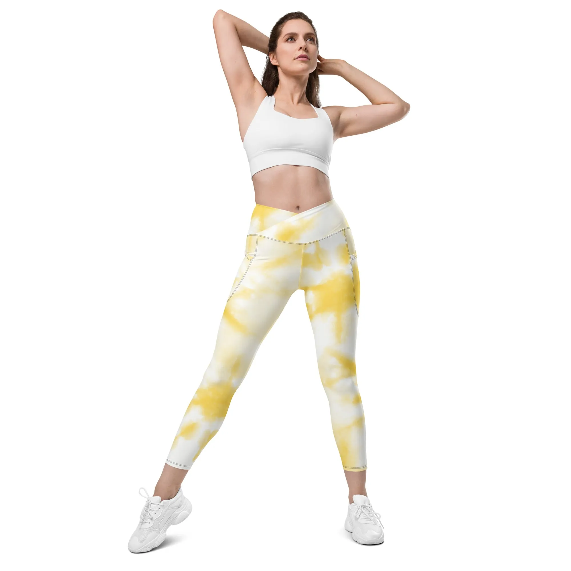 Style Meets Practicality: Sun Yellow Tie-Dyed Crossover Leggings with Pockets