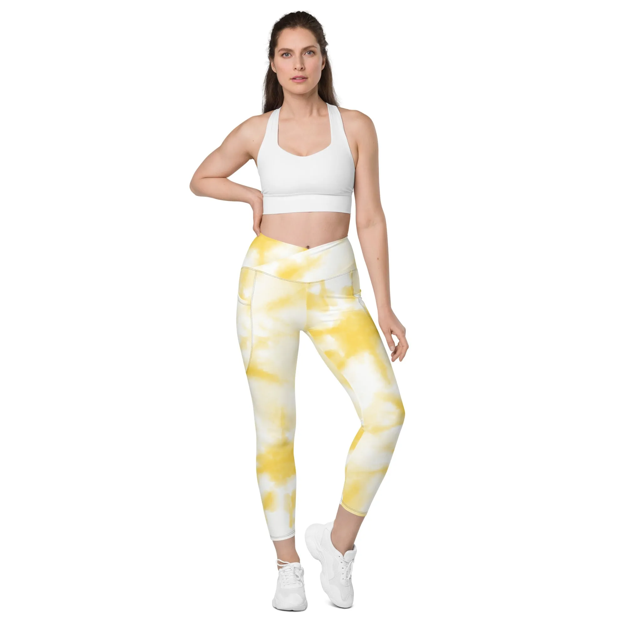 Style Meets Practicality: Sun Yellow Tie-Dyed Crossover Leggings with Pockets