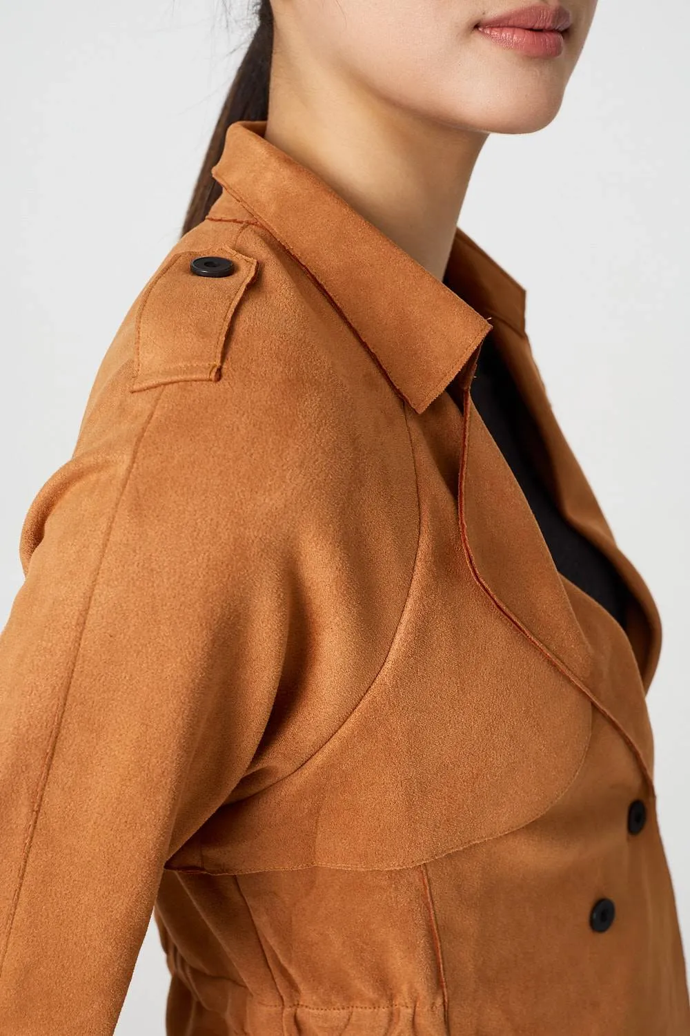 Suede Texture 3/4 Sleeve Cropped Trench Coat