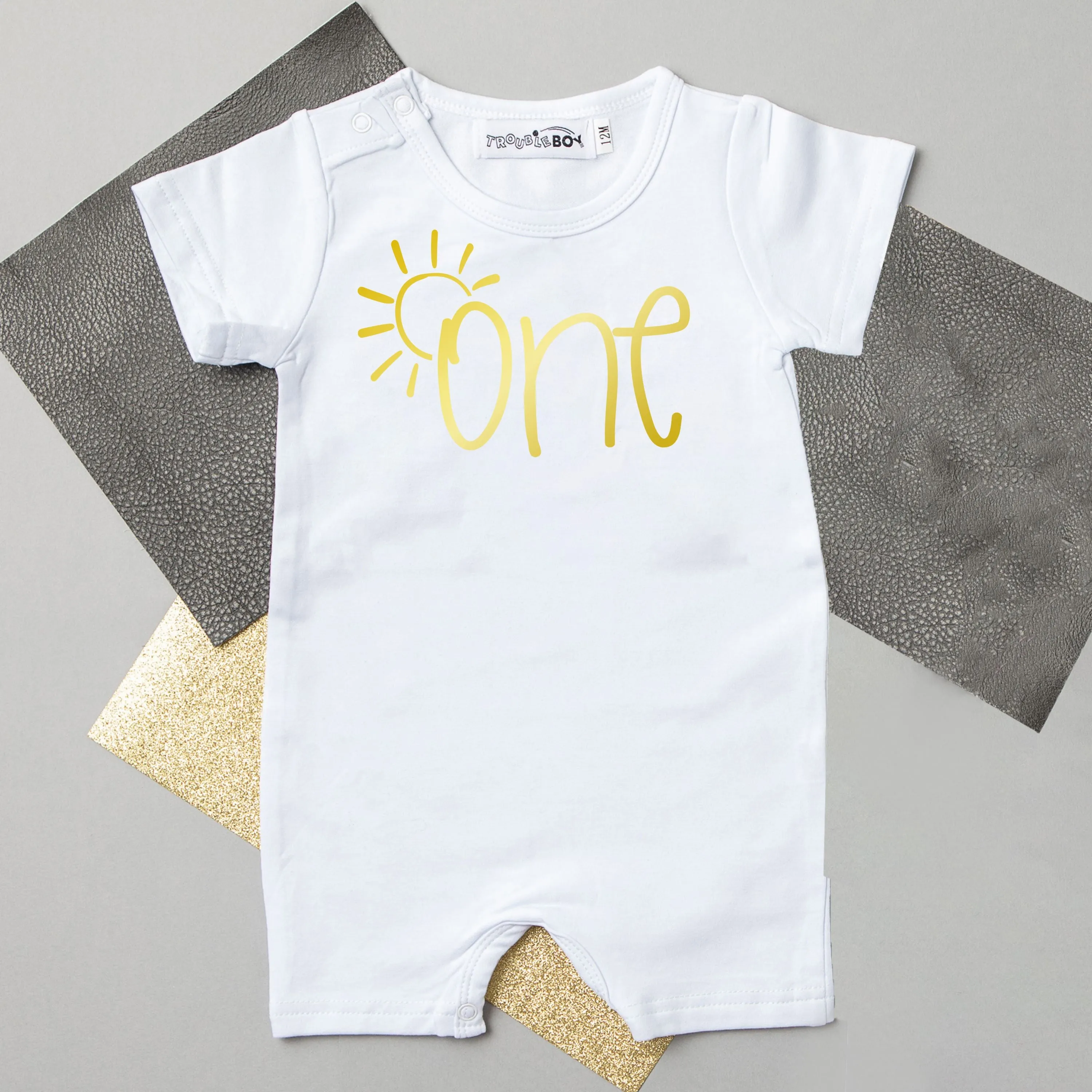 SUN "ONE" FIRST BIRTHDAY SHORTS ROMPER