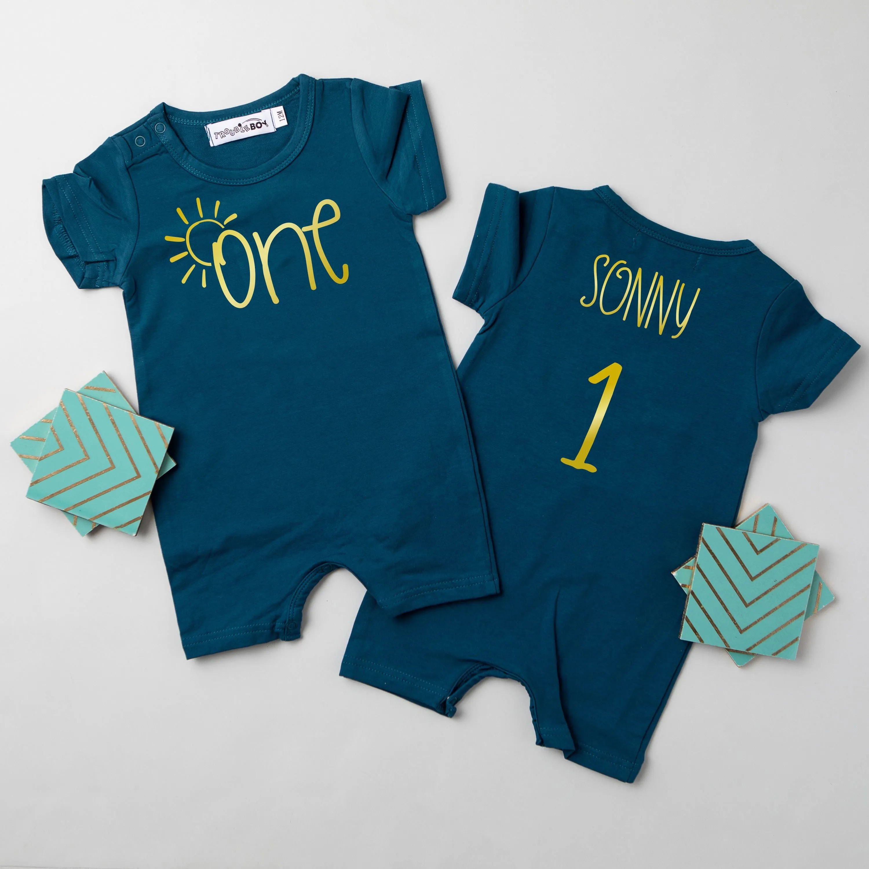 SUN "ONE" FIRST BIRTHDAY SHORTS ROMPER