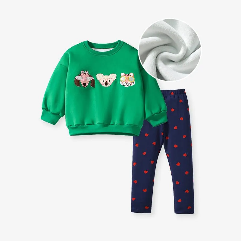 Toddler/Kid Girl's Animals Embroidered Design Sweatshirt with Leggings Set