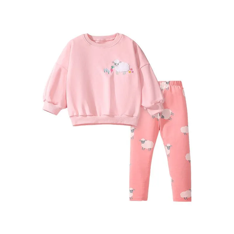 Toddler/Kid Girl's Cute Little Sheep Pink Sweatshirt with Leggings Set