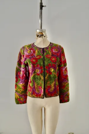 Vintage Cache Exquisite Silk Ribbon Flower Swirl Design Pattern Cropped Jacket