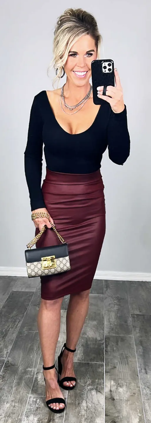 Walk On By Faux Leather Pencil Skirt - Burgundy