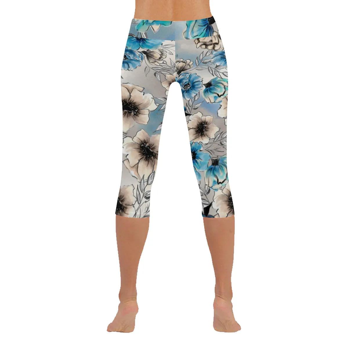 Watercolor Flower Women's Low Rise Capri Leggings (Invisible Stitch)