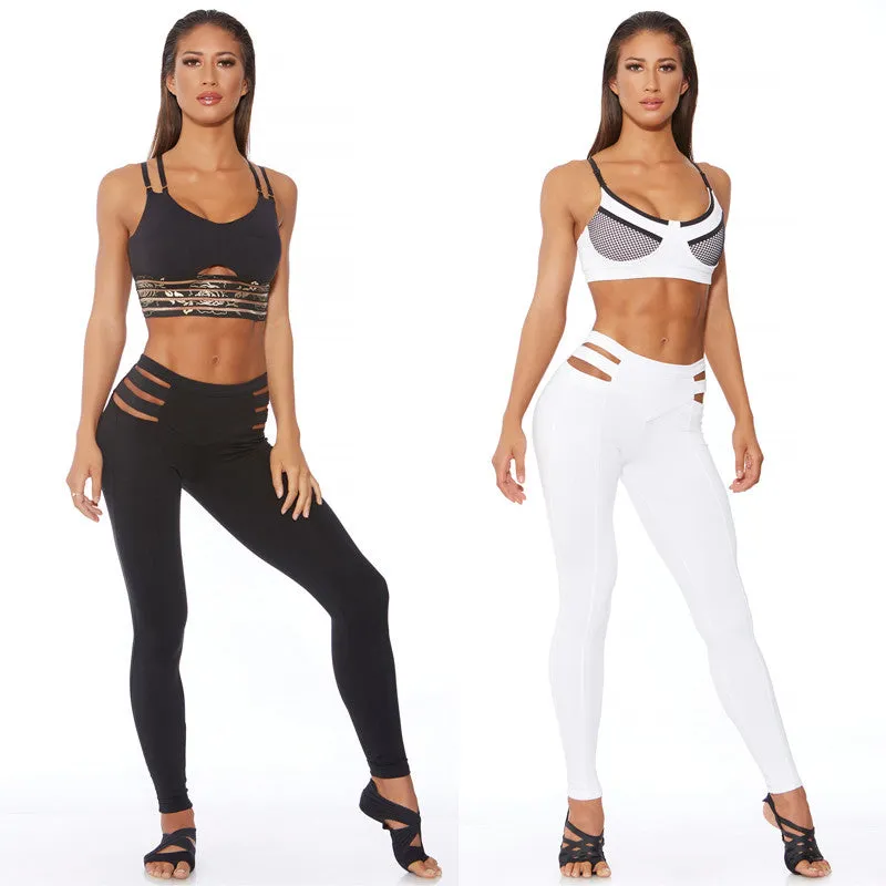 White & Black Women's Legging High-waist Strappy Hollow Out Leggings Activewear