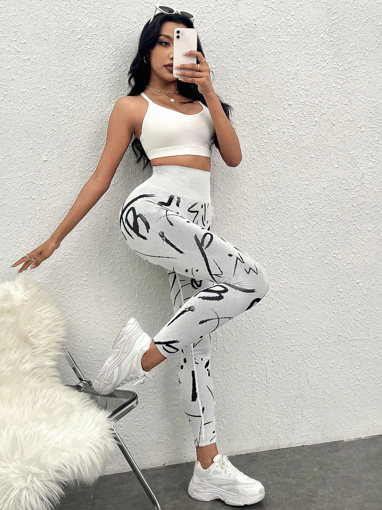 White Graphic Print Wide Band High Waist Sports Leggings